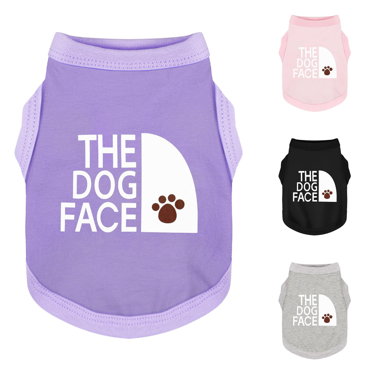 Paiaite camisita canina con estampado cara del perro morado, estilo distintivo para paseos.