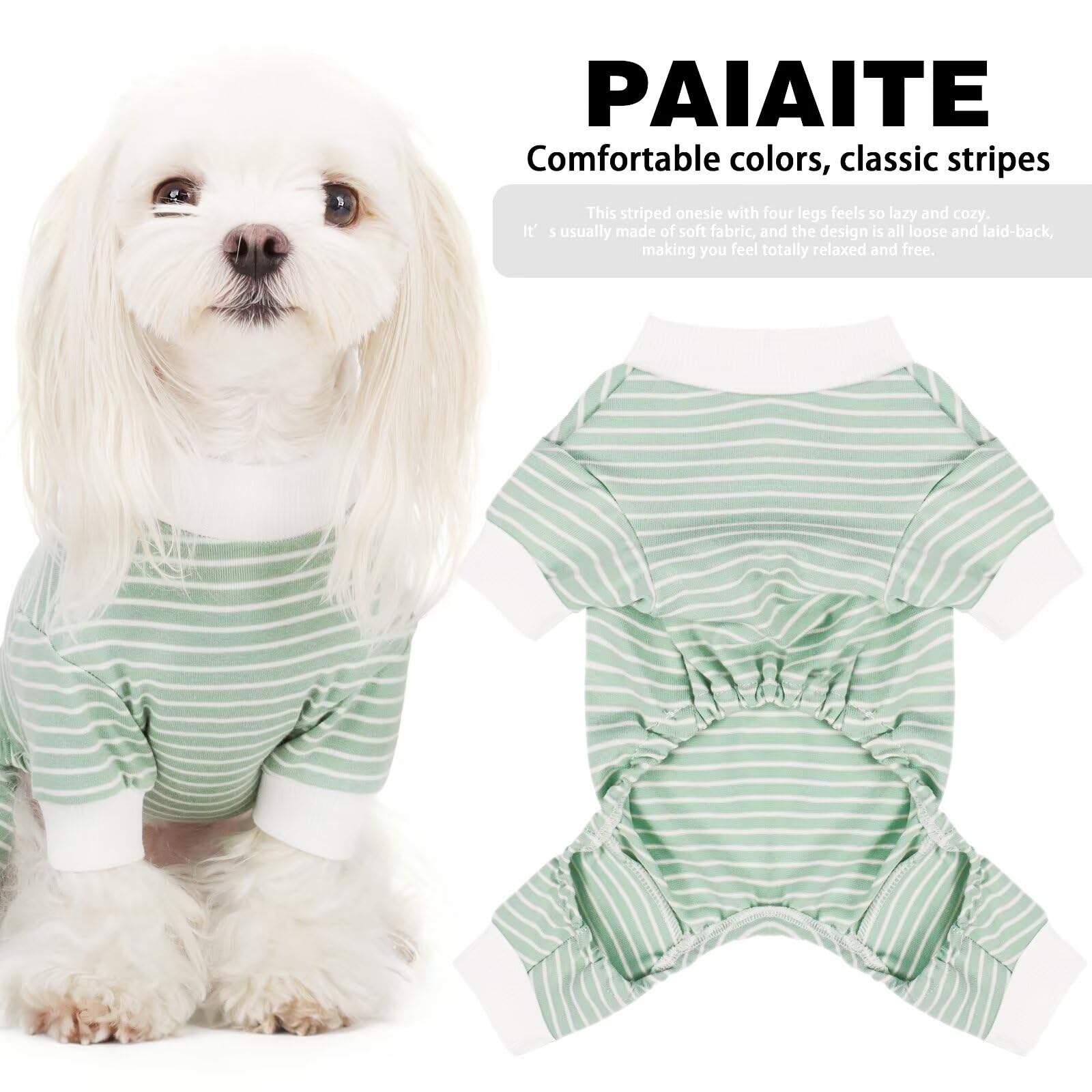 Paiaite Pijama para perro con rayas verdes, vista lateral, libertad de movimiento