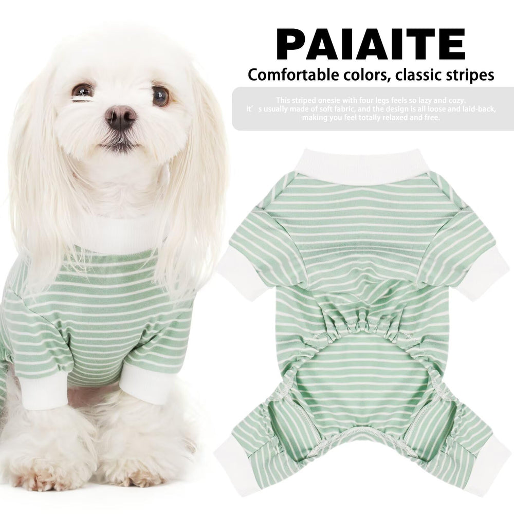 Paiaite Pijama para perro con rayas verdes, vista lateral, libertad de movimiento