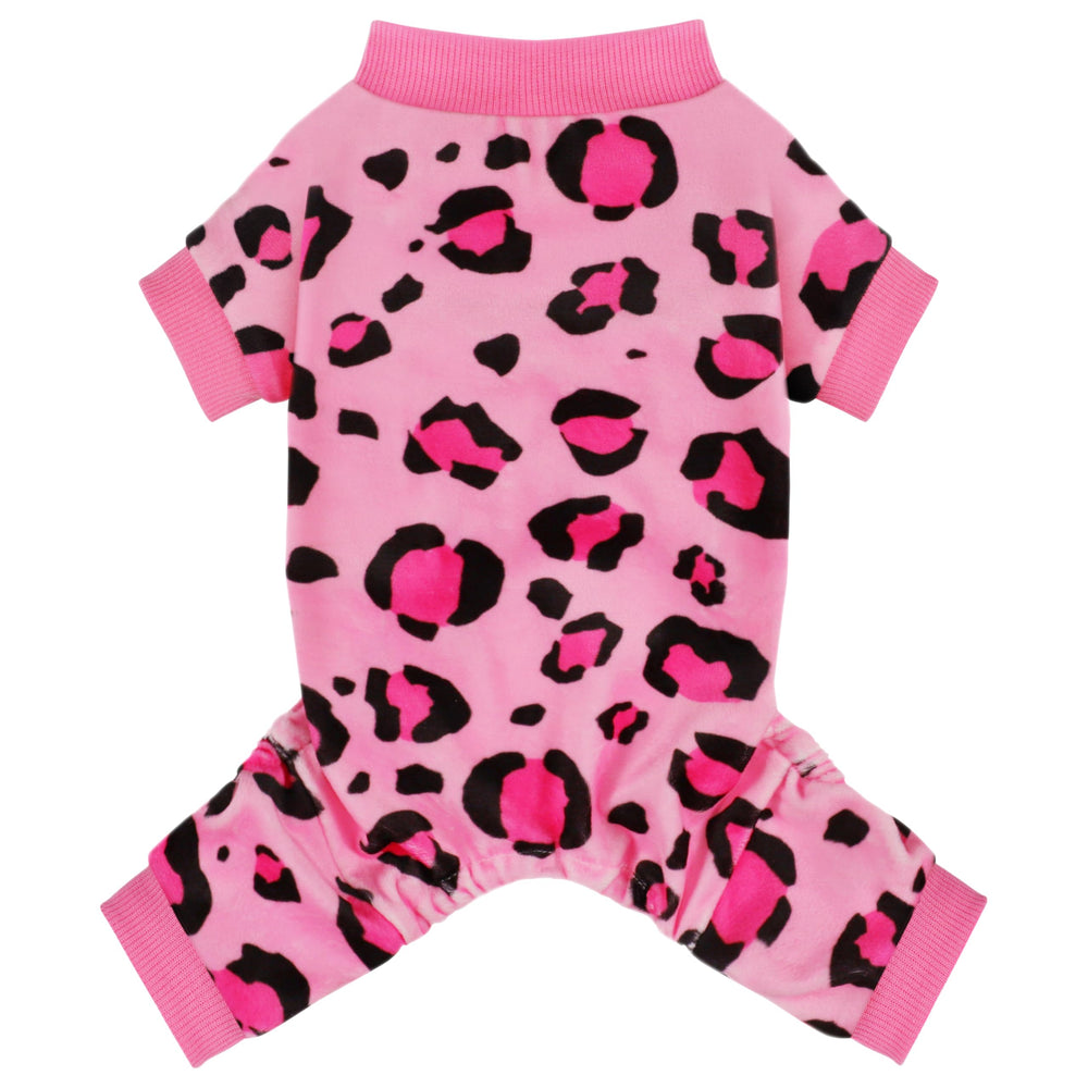 Pijama Paiaite para perro con ajuste universal y patrón rosa leopardo.