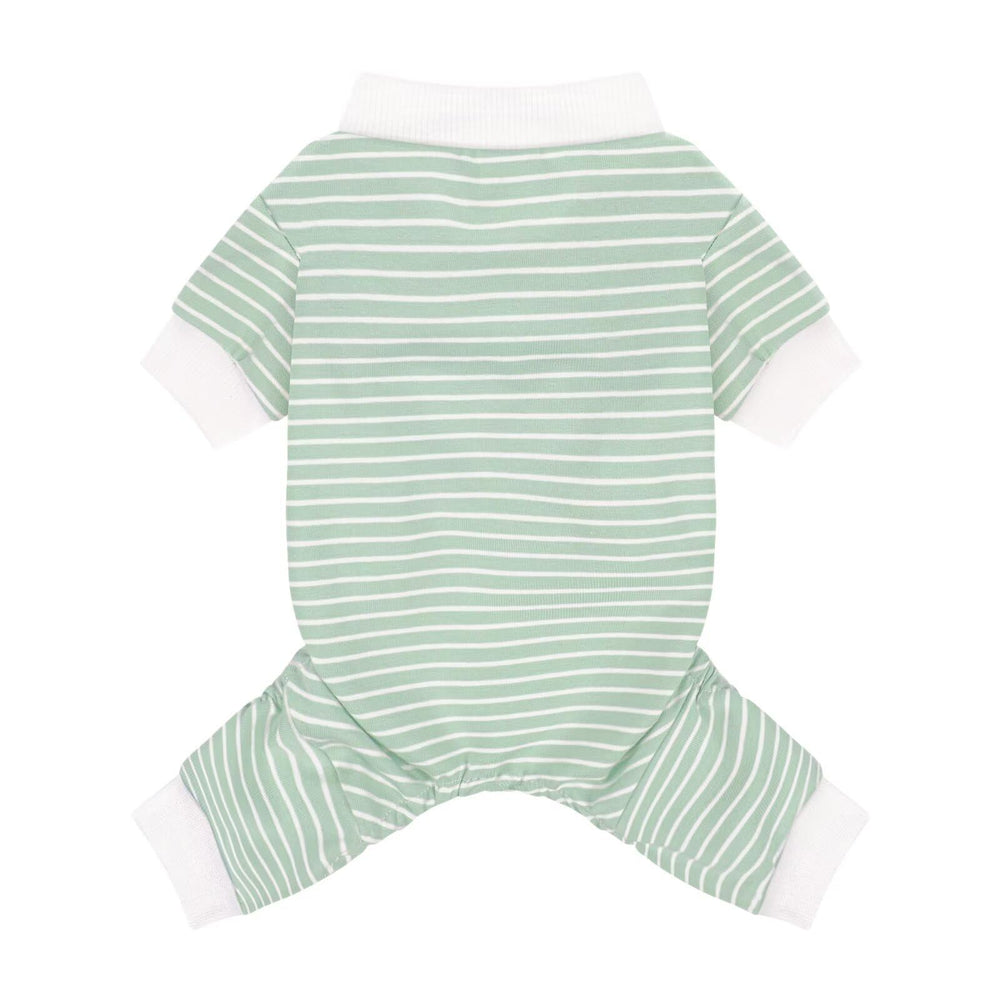 Paiaite pijamas para perro con rayas verdes, vista frontal, cómodo para dormir