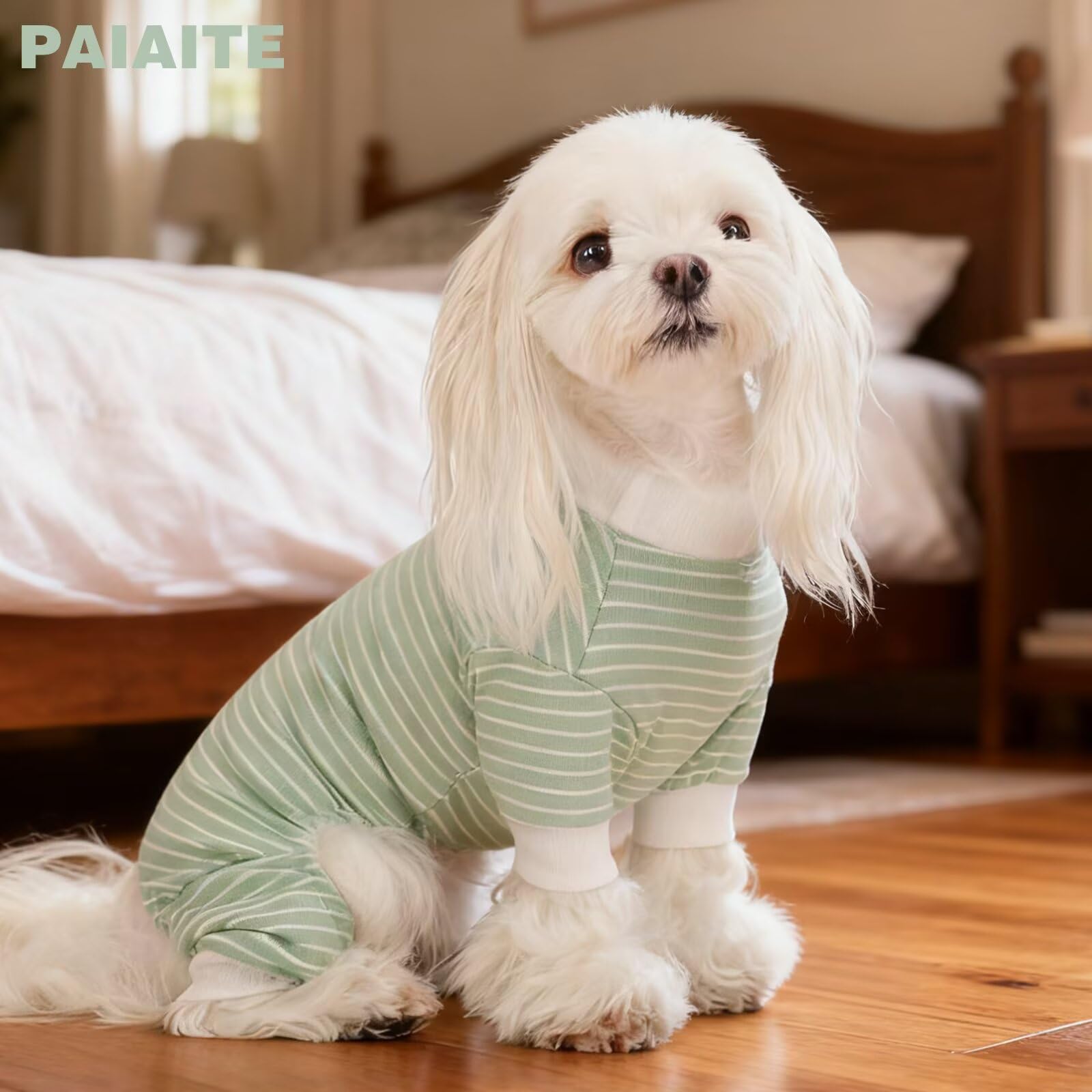 Paiaite pijamas para perro con rayas verdes, fácil lavado en lavadora