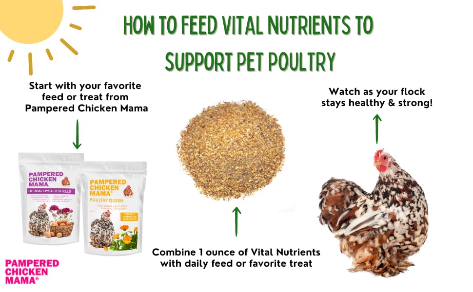 Dosis-facil-diaria: vitaminas de Pampered Chicken Mama para alimentación sencilla.