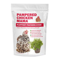 Pampered Chicken Mama mezcla de granos y hierbas, sabor natural apreciado por las gallinas.