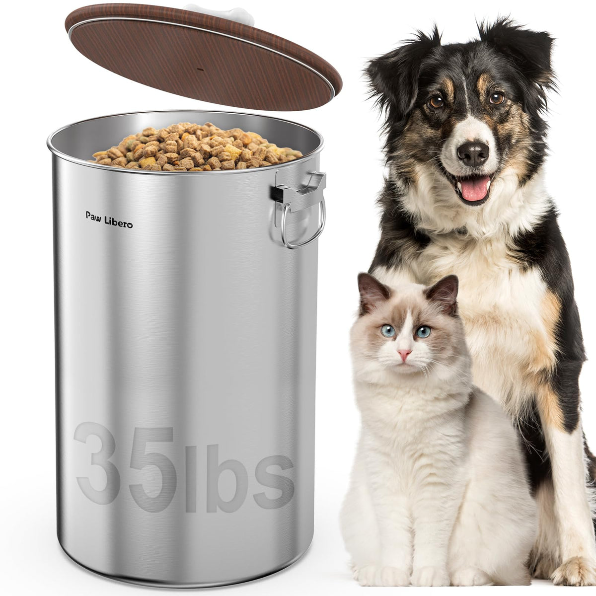 Paw Libero contenedor de comida para mascotas en acero inoxidable con tapa hermética, mantiene la frescura.