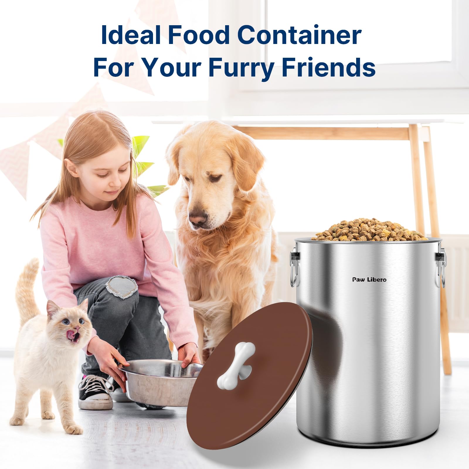 Capacidad amplia para comida seca de perros y gatos con Paw Libero