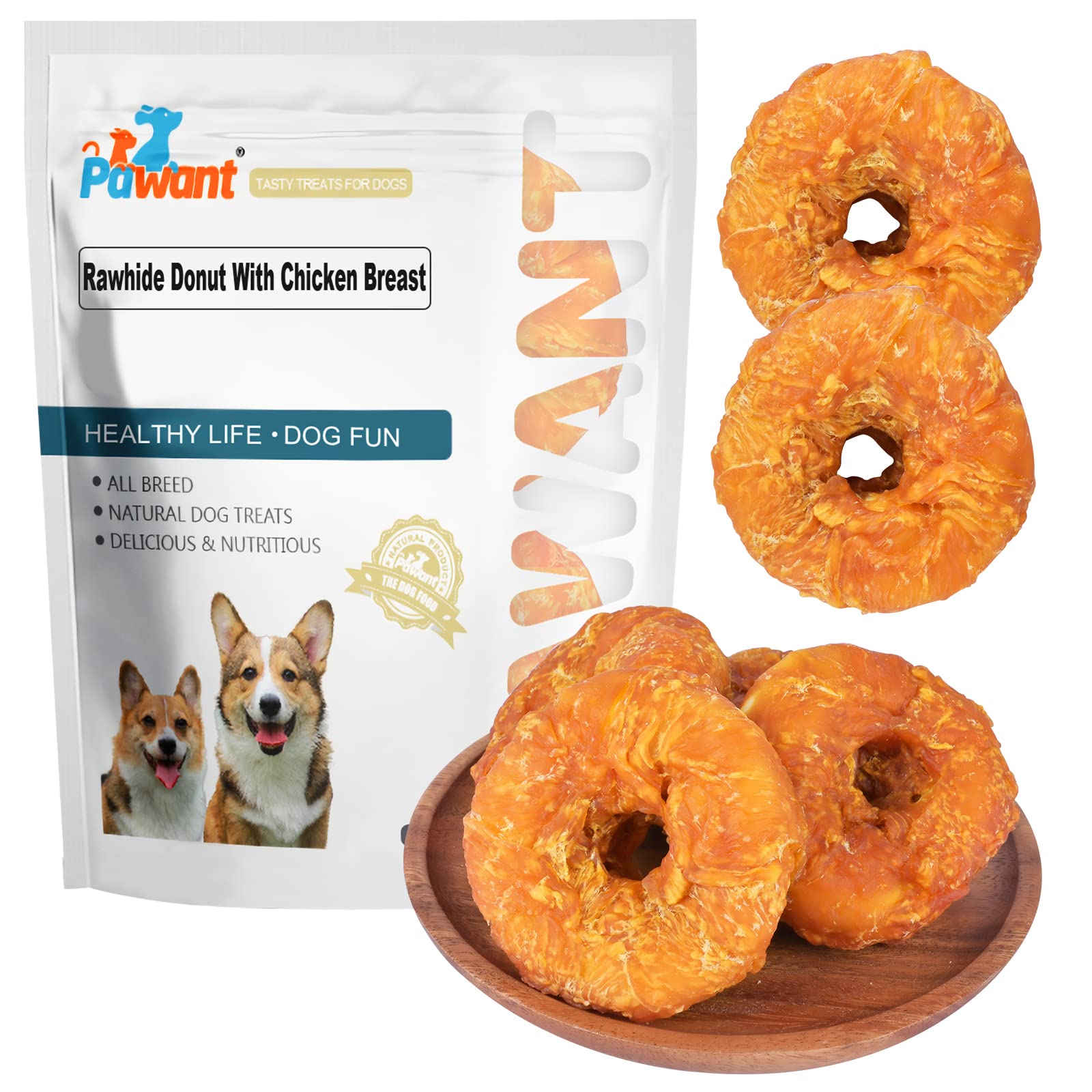 Pawant donas de cuero crudo envueltas en pollo para perro grande, masticación prolongada.
