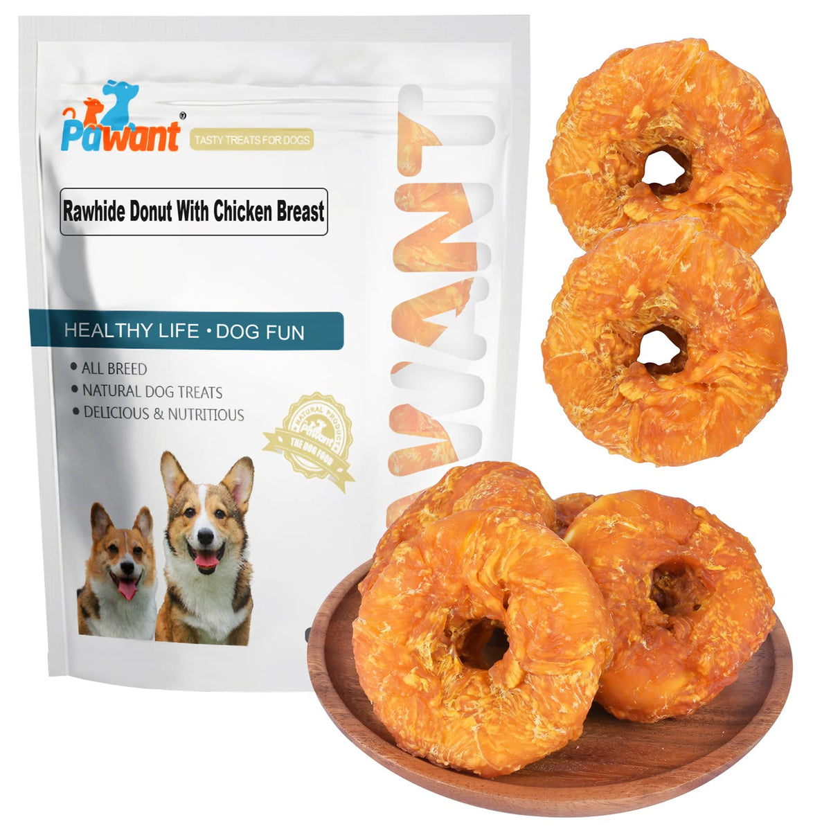 Pawant donas de cuero crudo envueltas en pollo para perro grande, masticación prolongada.