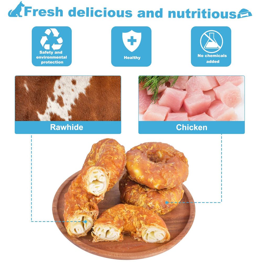 Pawant donas de cuero crudo envueltas en pollo, sabor natural para perros grandes.