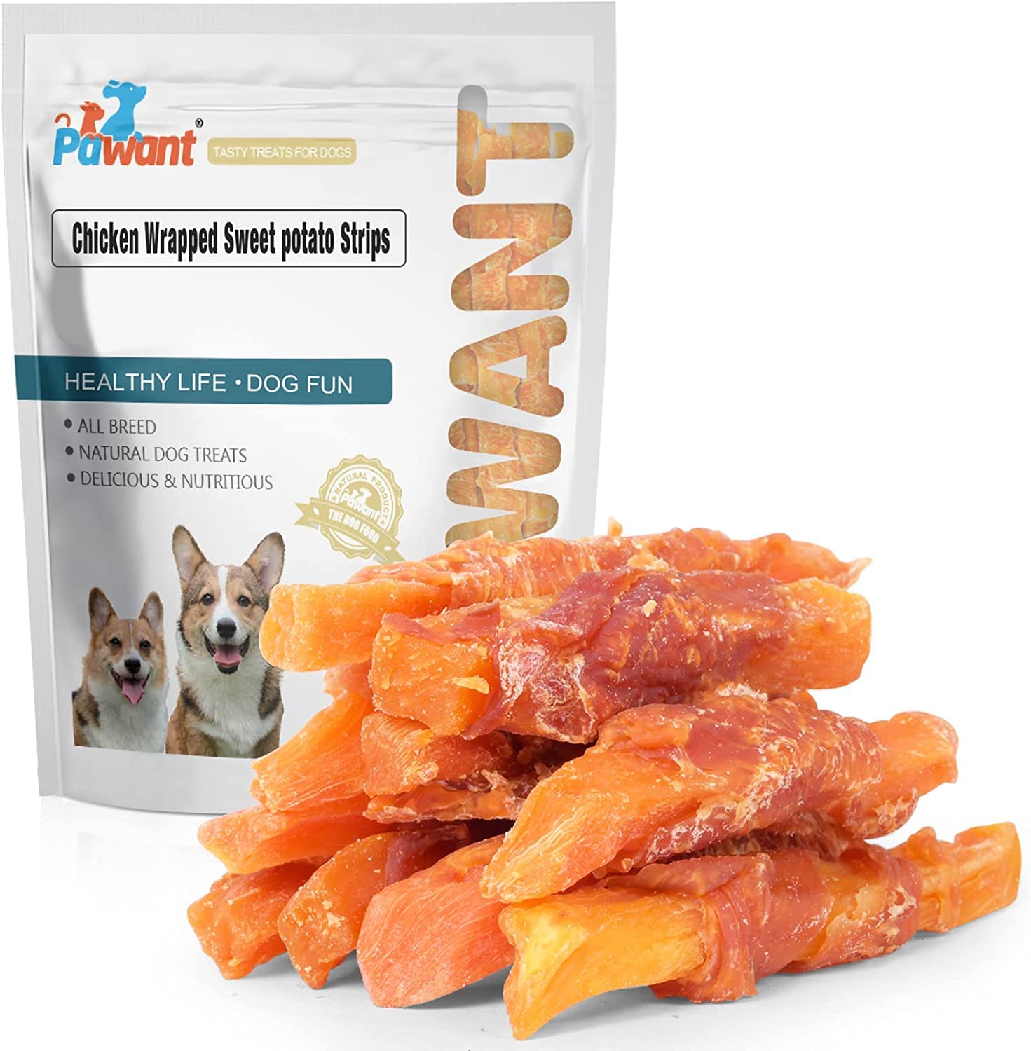 Pawant patitas de pollo envueltas en patata dulce en empaque visible para compra fácil.