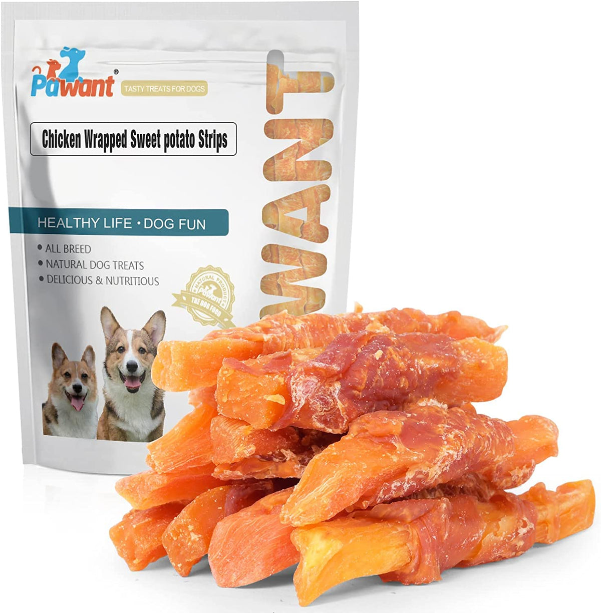 Pawant patitas de pollo envueltas en patata dulce en empaque visible para compra fácil.