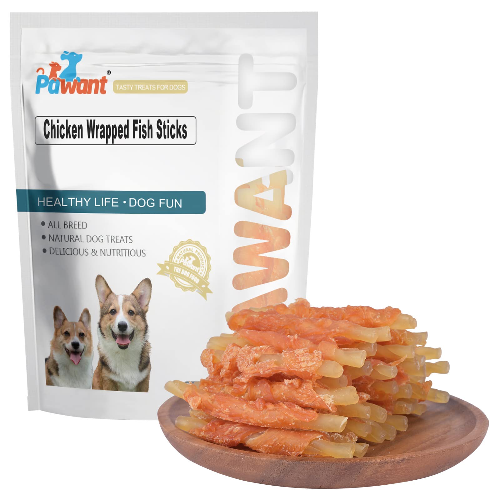 Pawant palitos de bacalao envueltos en pollo, snack proteico para entrenamiento canino.