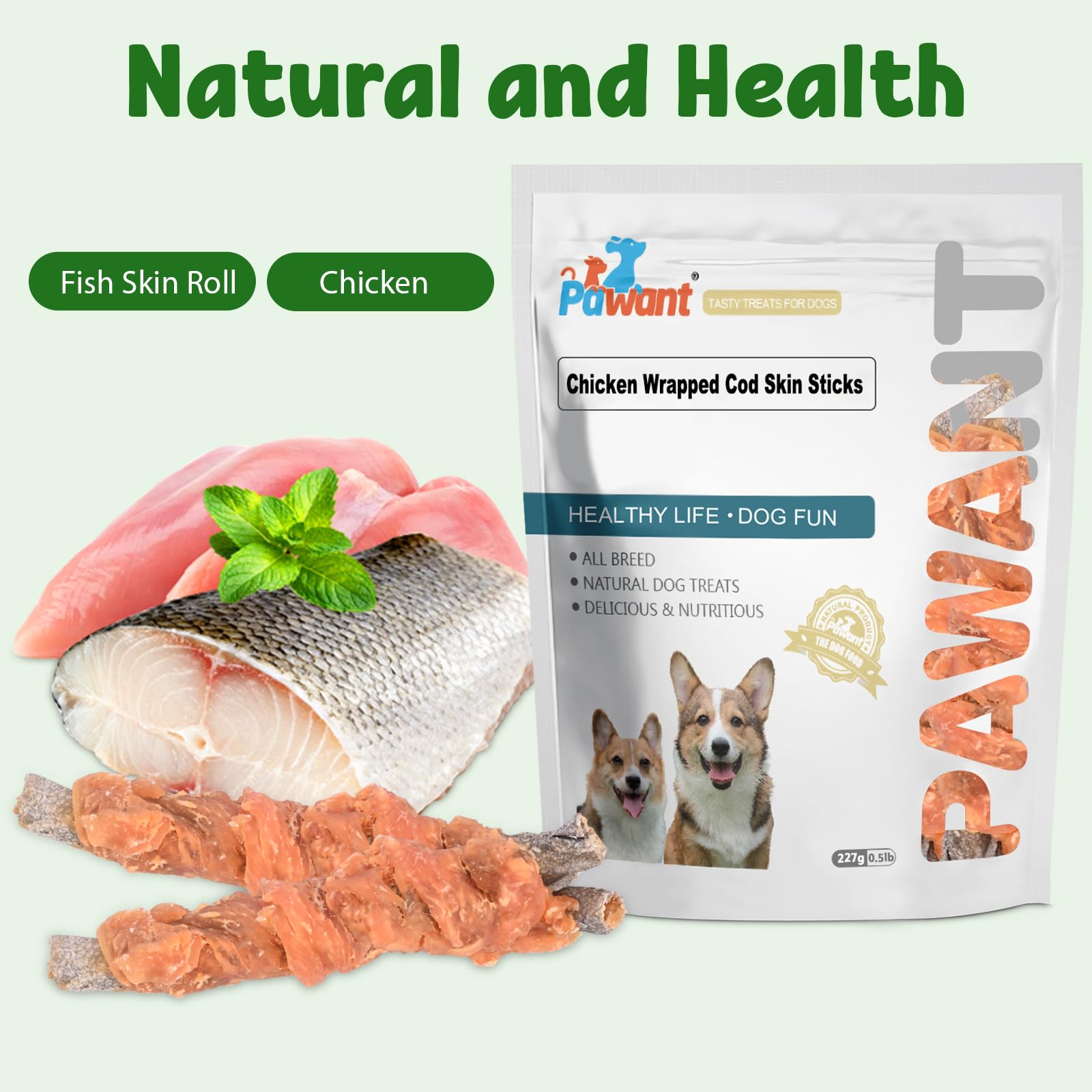 Premios Pawant omega-3 con piel de pescado, favorece un pelaje brillante.