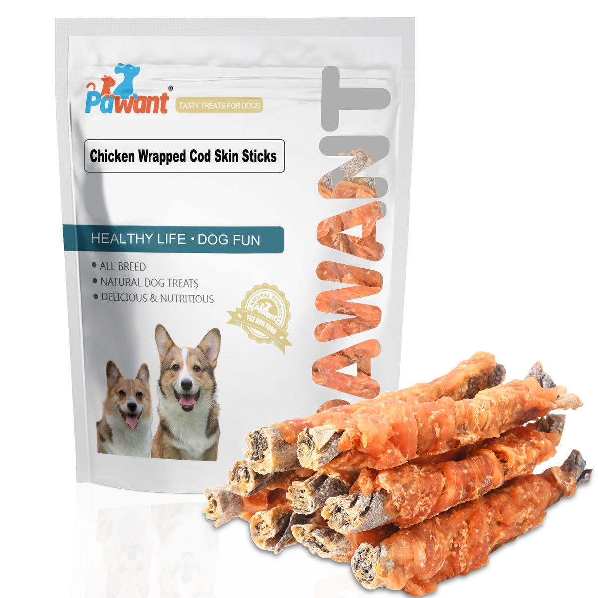 Premios Pawant pollo envuelto en piel de bacalao, ideal para premiar durante el entrenamiento.