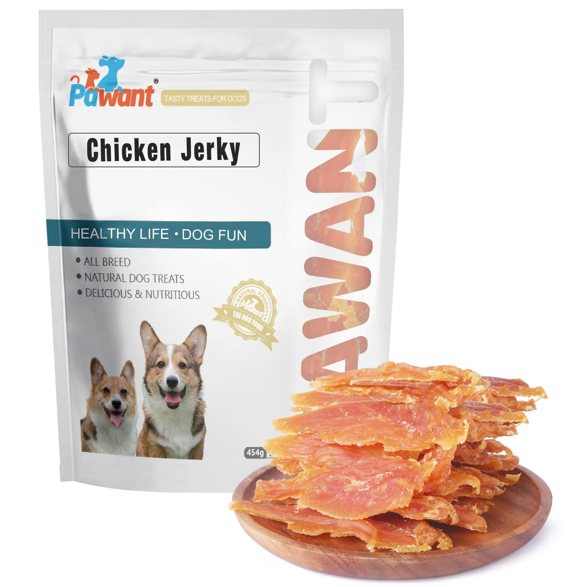 Pawant tiras deshidratadas de pollo para perros en paquete 454 g, snack práctico.