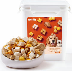 Pawaura snacks frios deshidratados para gatos y perros, crujientes y nutritivos.
