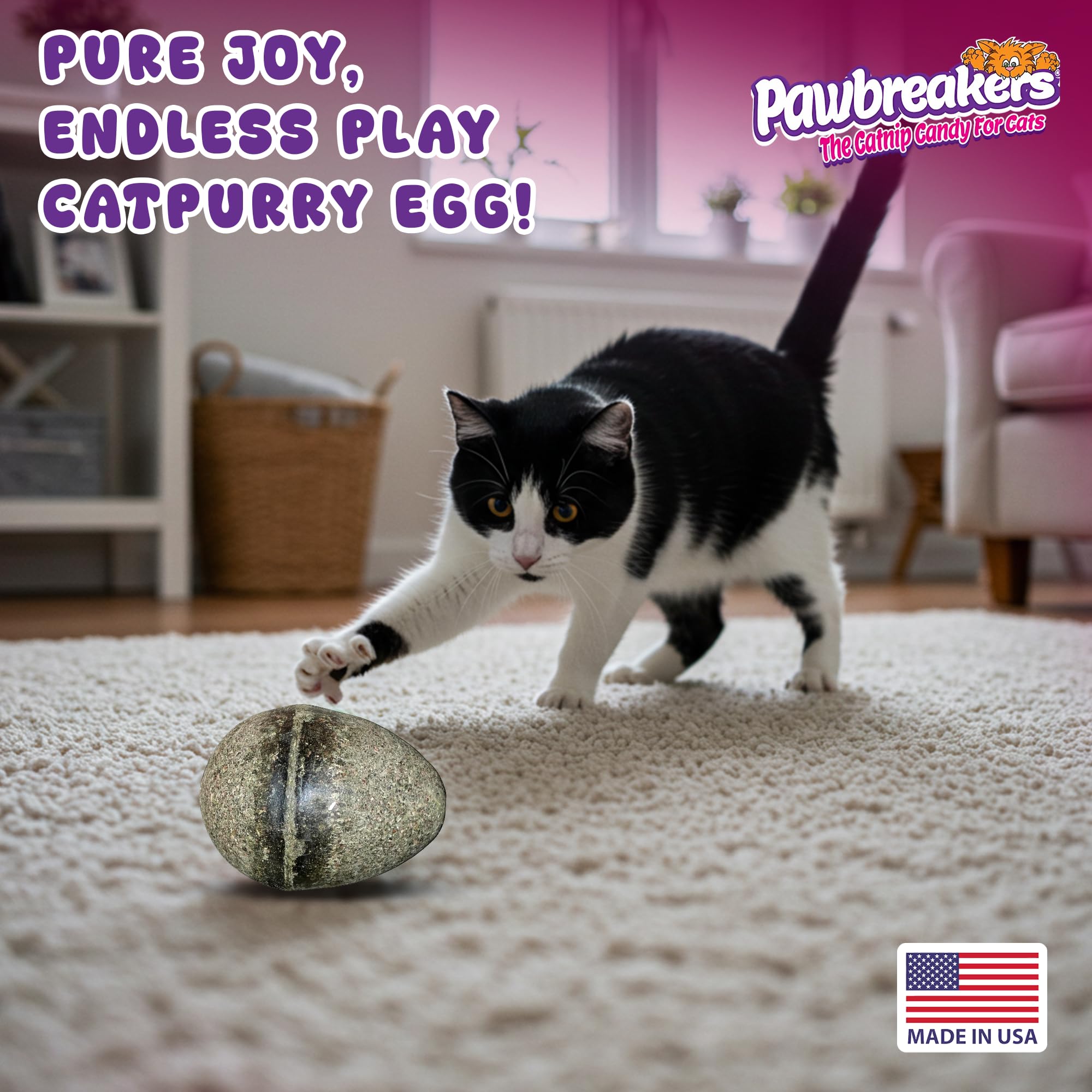 Gato jugando con Catpurry Egg explorando aroma de catnip