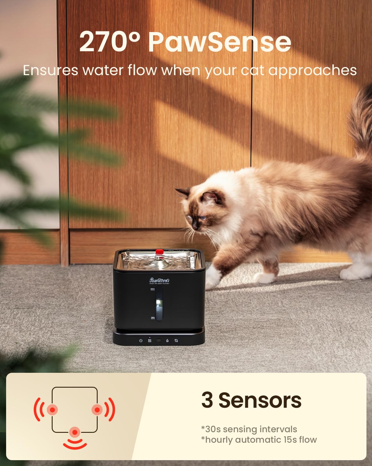 Pawccoli bebedero gato cordless, modo continuo cuando está conectado para flujo constante.
