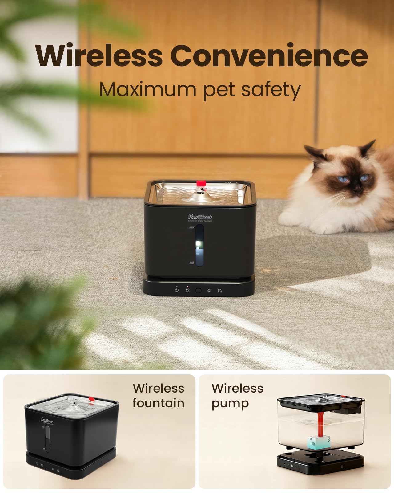 Pawccoli bebedero gato cordless, tanque de agua removible para limpieza rápida.