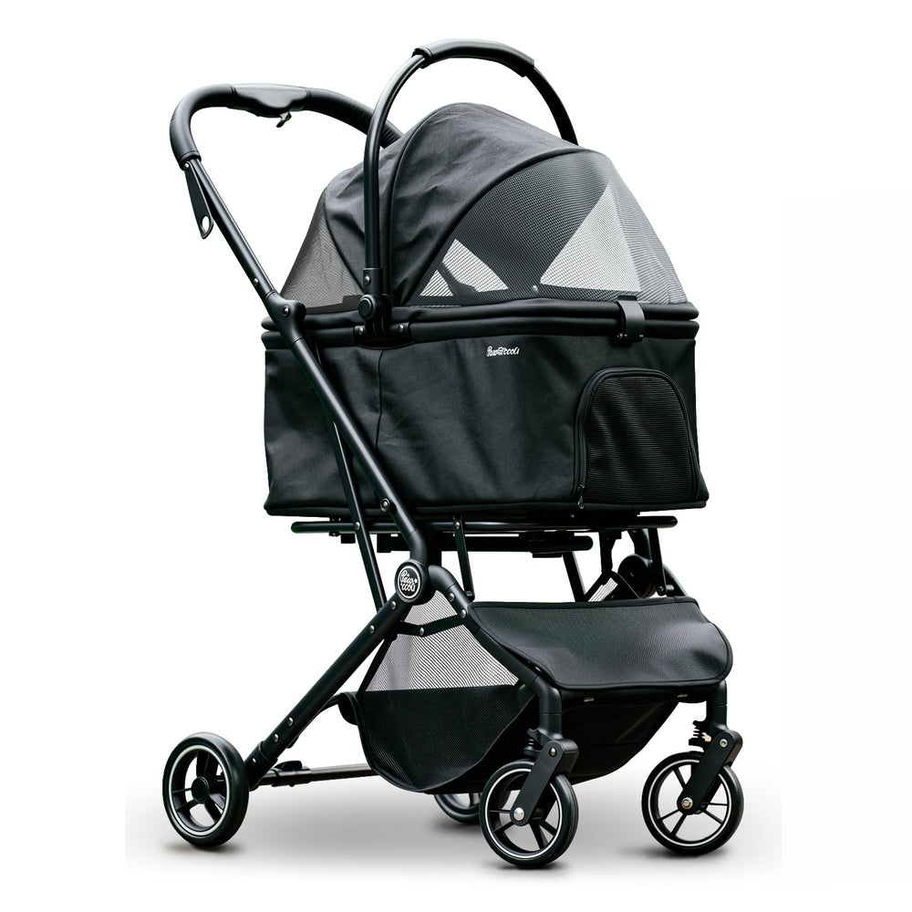 Pawccoli carrito-mascota-ruedas con suspensión para paseos suaves.