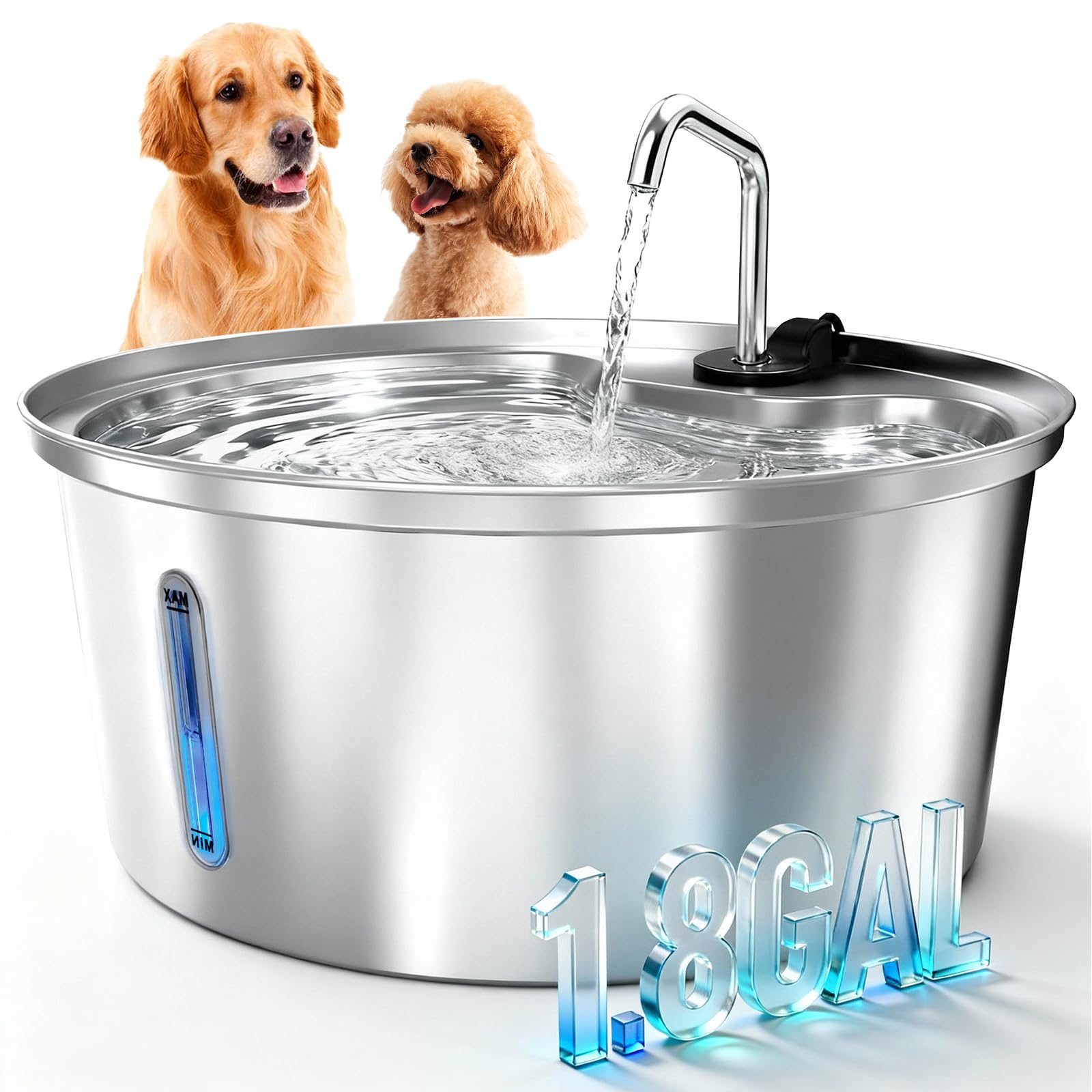 Pawccoli fuente de agua para perro en acero inoxidable, gran capacidad 7L, ideal para perros grandes.