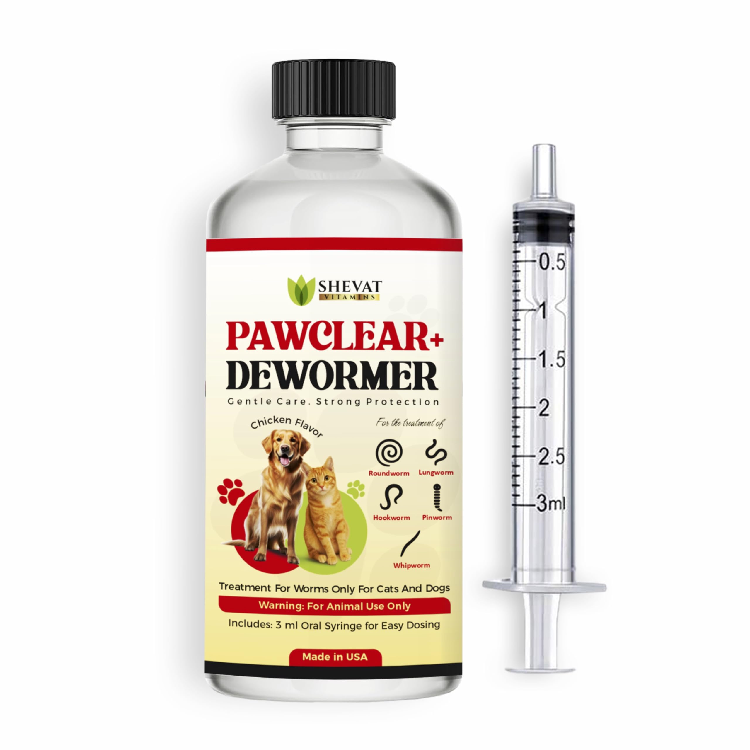 Pawclear desparasitario líquido en frasco de vidrio, dosis fácil para gatos y perros