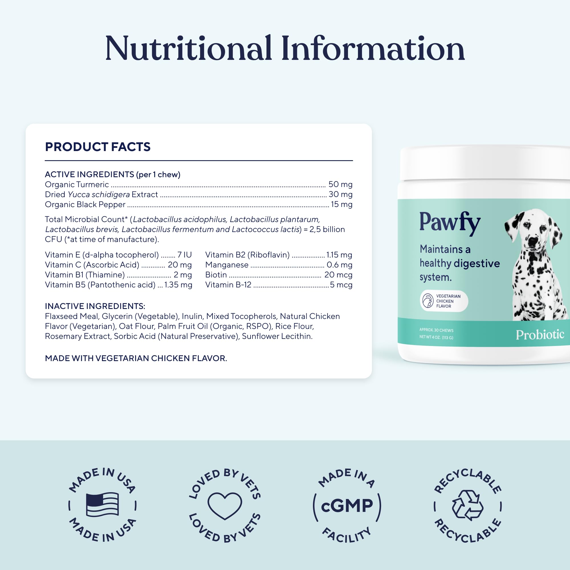 Pawfy Probióticos, sabor a pollo, apoyo nutricional diario.