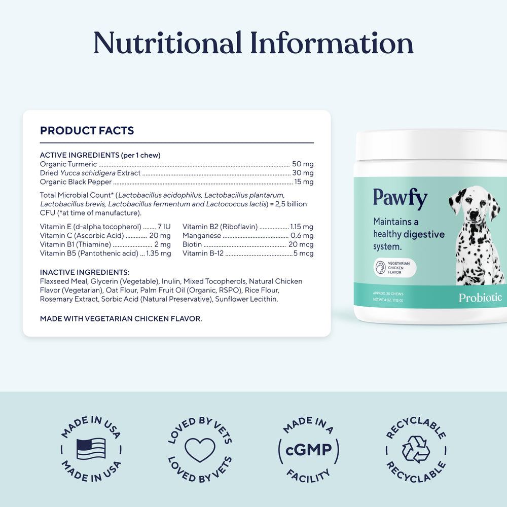 Pawfy Probióticos, sabor a pollo, apoyo nutricional diario.