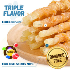 Pawmate bocaditos pollo envuelto bacalao: textura crujiente para masticación prolongada.