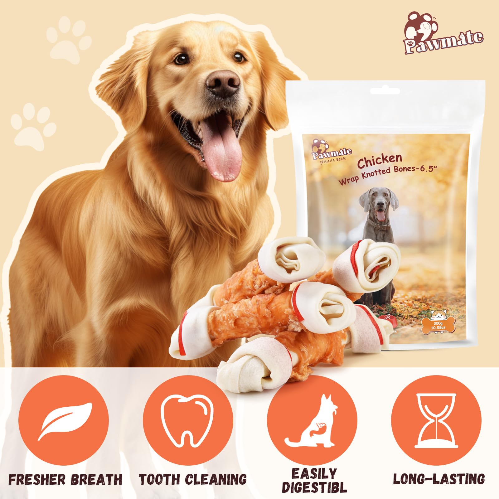 Pawmate hueso envuelto en pollo, taurina para bienestar general.