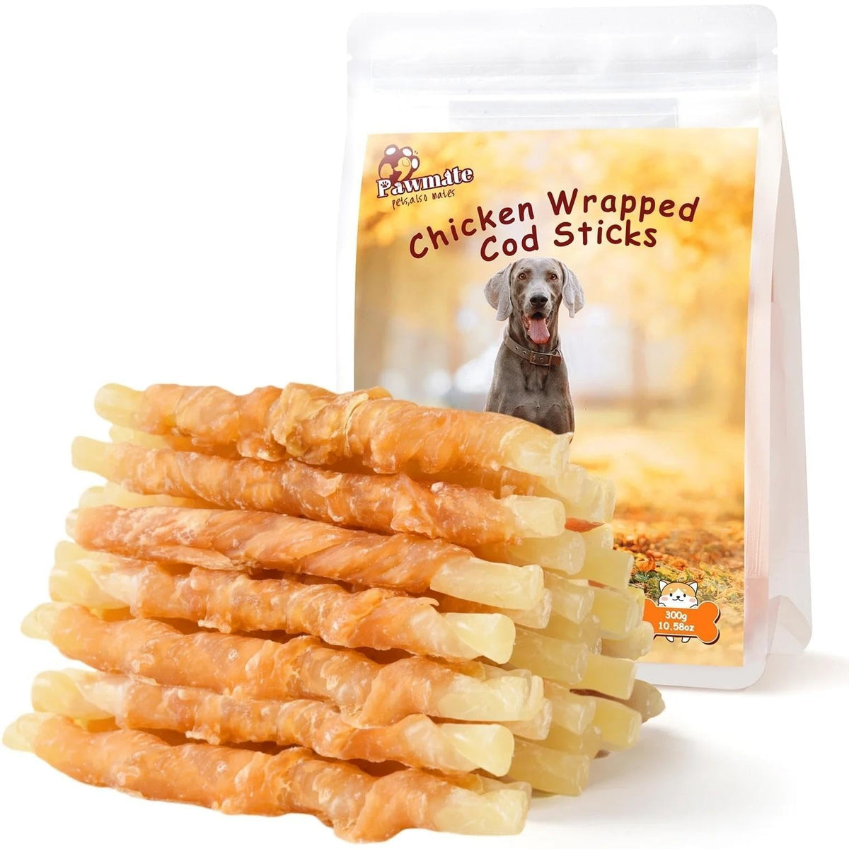 Pawmate palitos bacalao envueltos pollo: snack sabroso para entrenamiento diario.