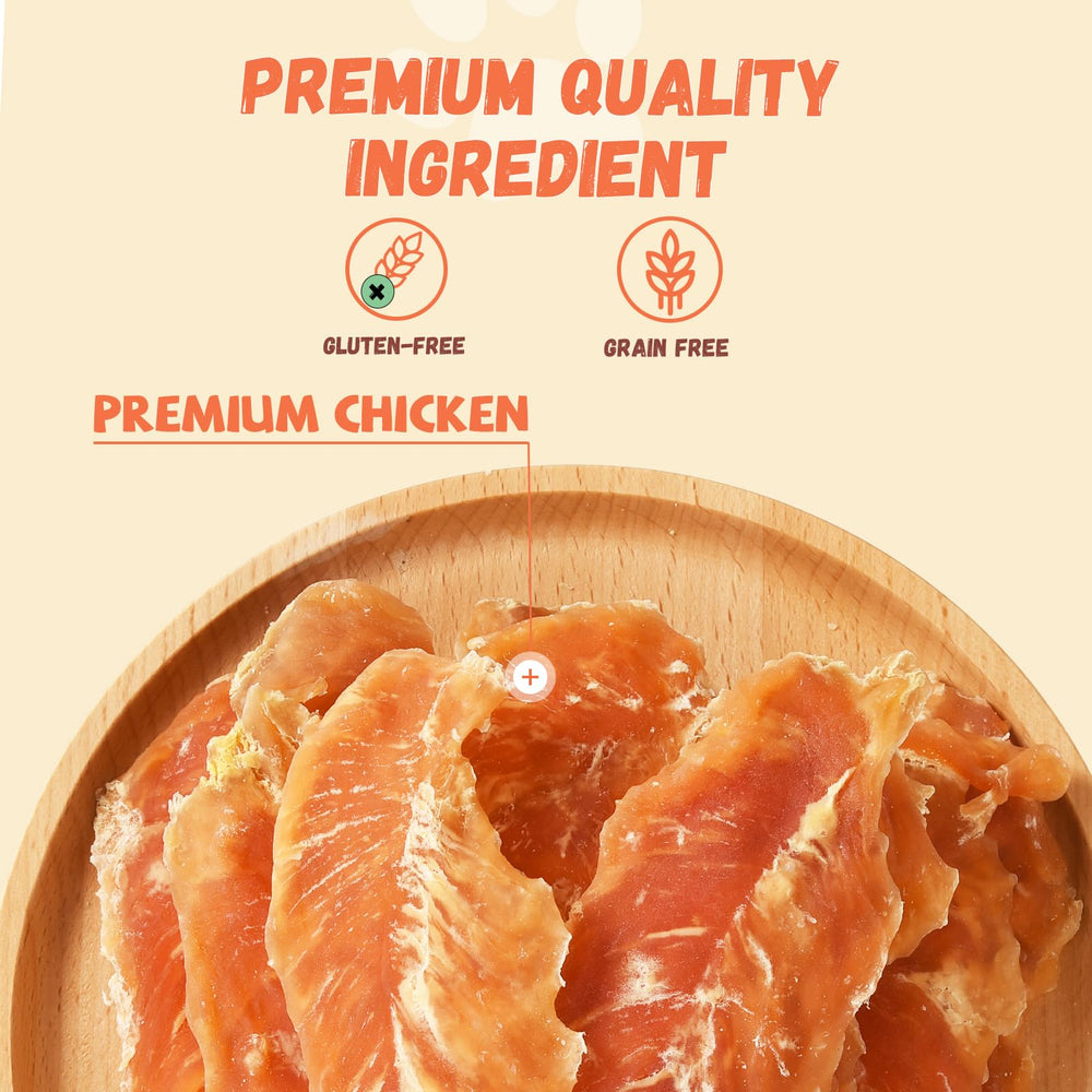 Pawmate texture poulet jerky, texture naturelle appréciée par les chiens.