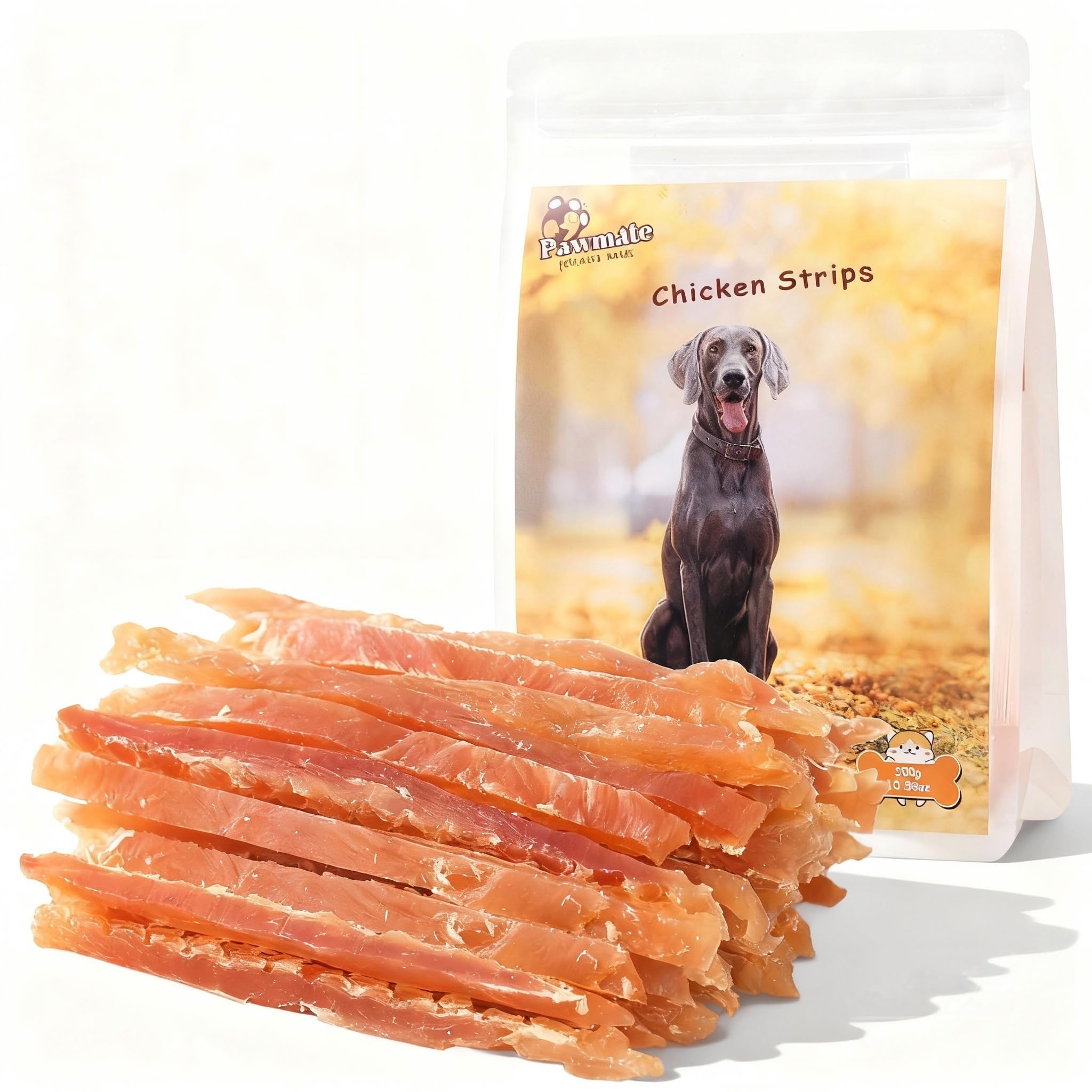 Tiras de jerky de pollo Pawmate para perros, ideal para entrenamiento.