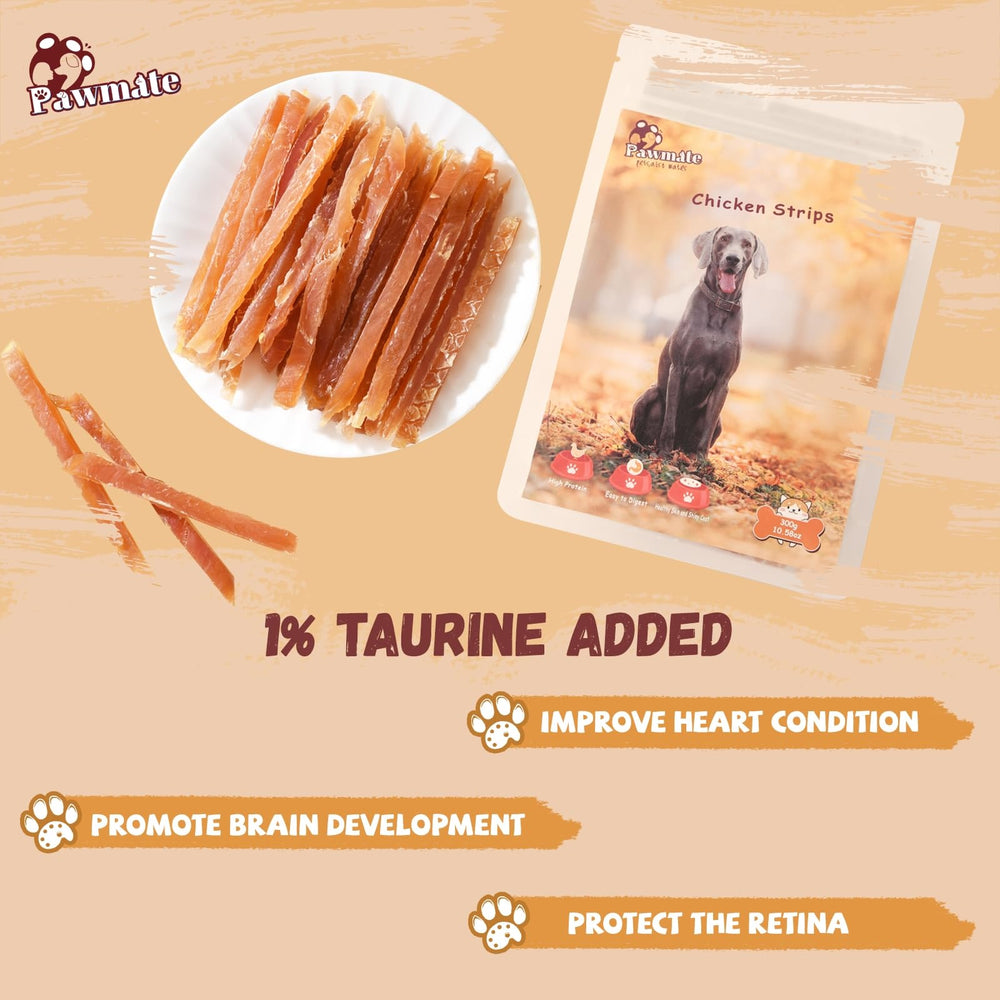 Taurina en jerky de pollo Pawmate para vitalidad canina.