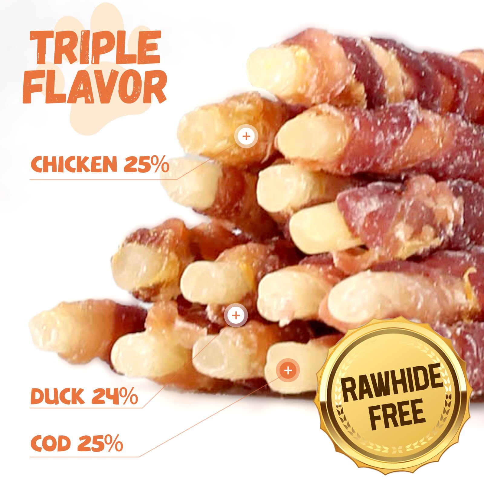 Pawmate Triple Sabor: ingredientes naturales con pollo, pato y bacalao para merienda sabrosa.