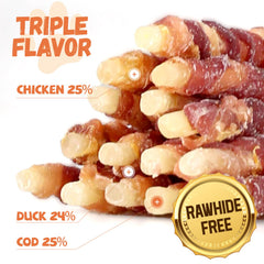 Pawmate Triple Sabor: ingredientes naturales con pollo, pato y bacalao para merienda sabrosa.