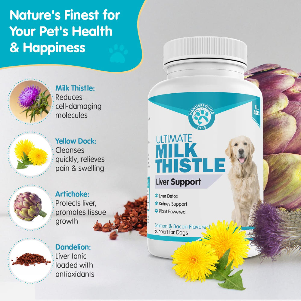 Pawsitive Wanderfound Pets Milk Thistle: etiqueta que destaca fabricación en Estados Unidos.
