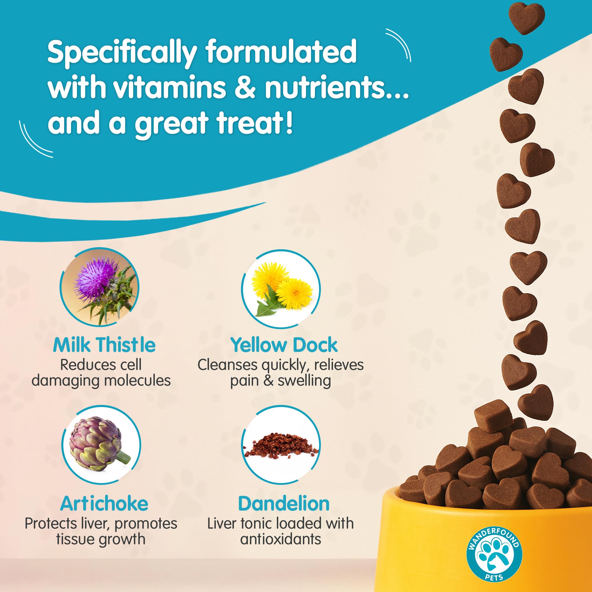 Pawsitive Wanderfound: tabletas masticables con sabor salmón y bacón para perros.