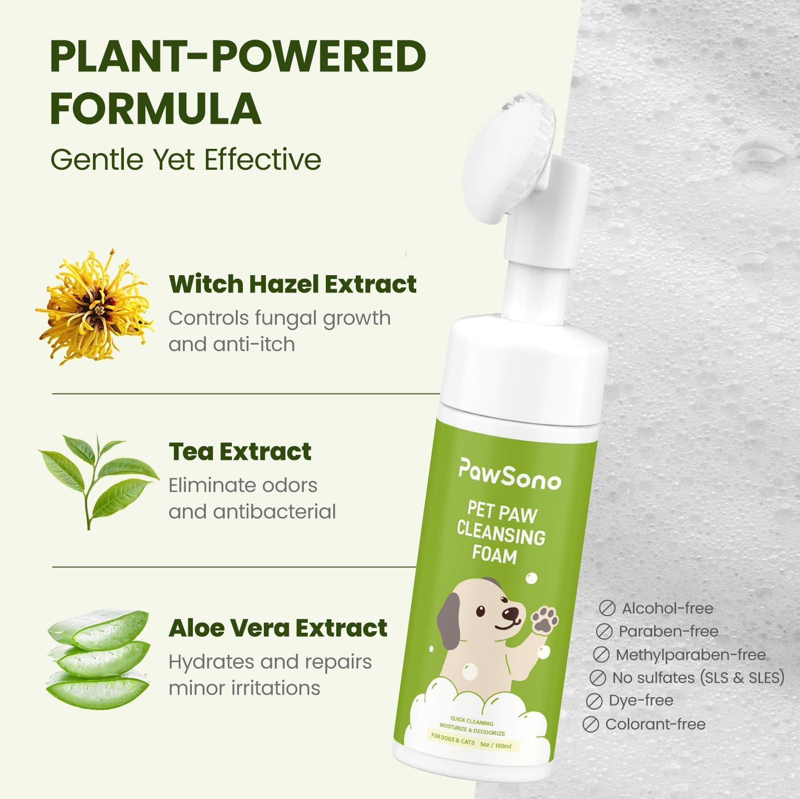 PawSono no-rinse foam cleans paws without water for quick mess-cleanups.