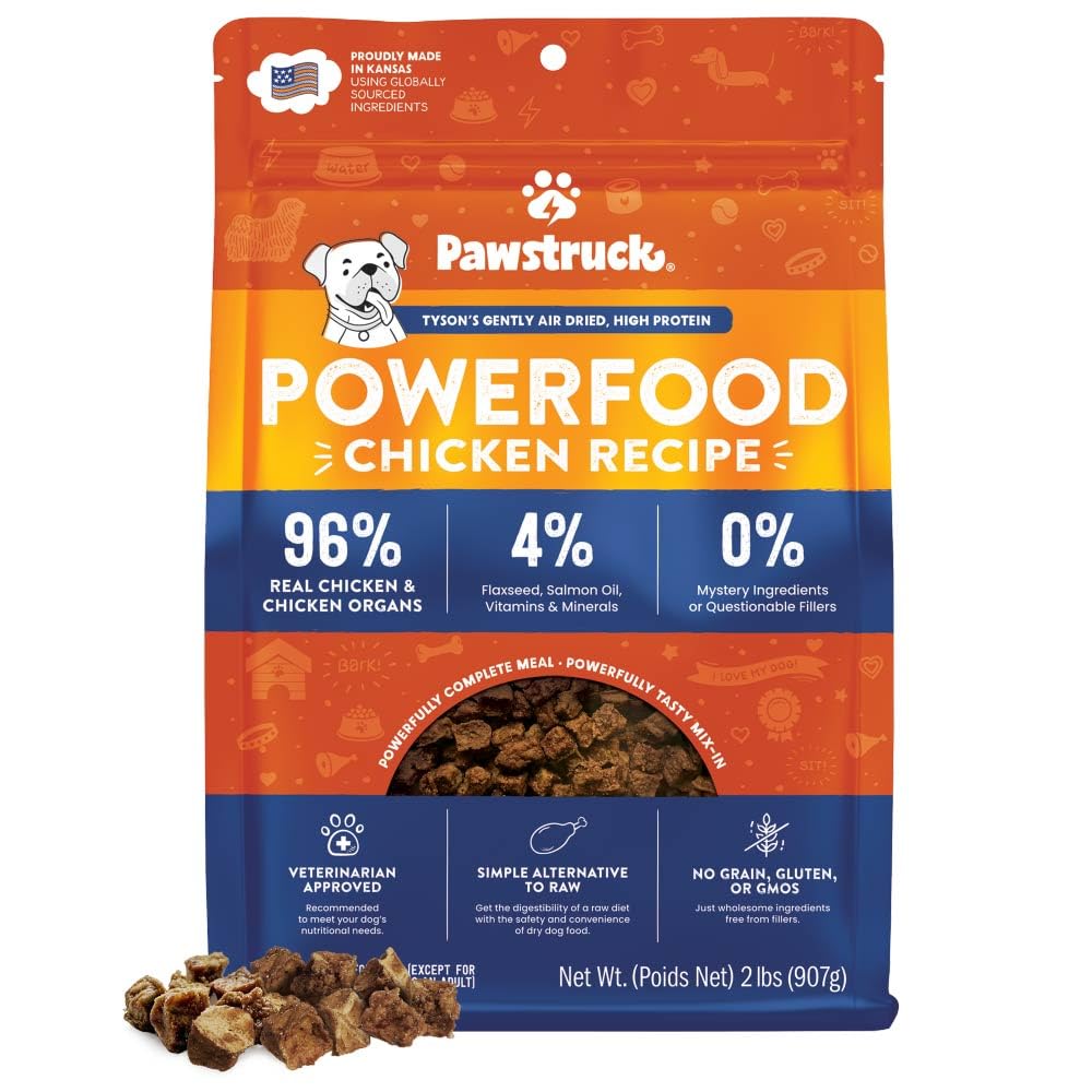 Pawstruck alimento secado al aire con pollo real, textura crujiente.