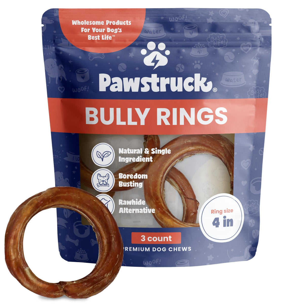 Pawstruck anillos bully-stick 4 pulgadas, masticación prolongada para perros activos
