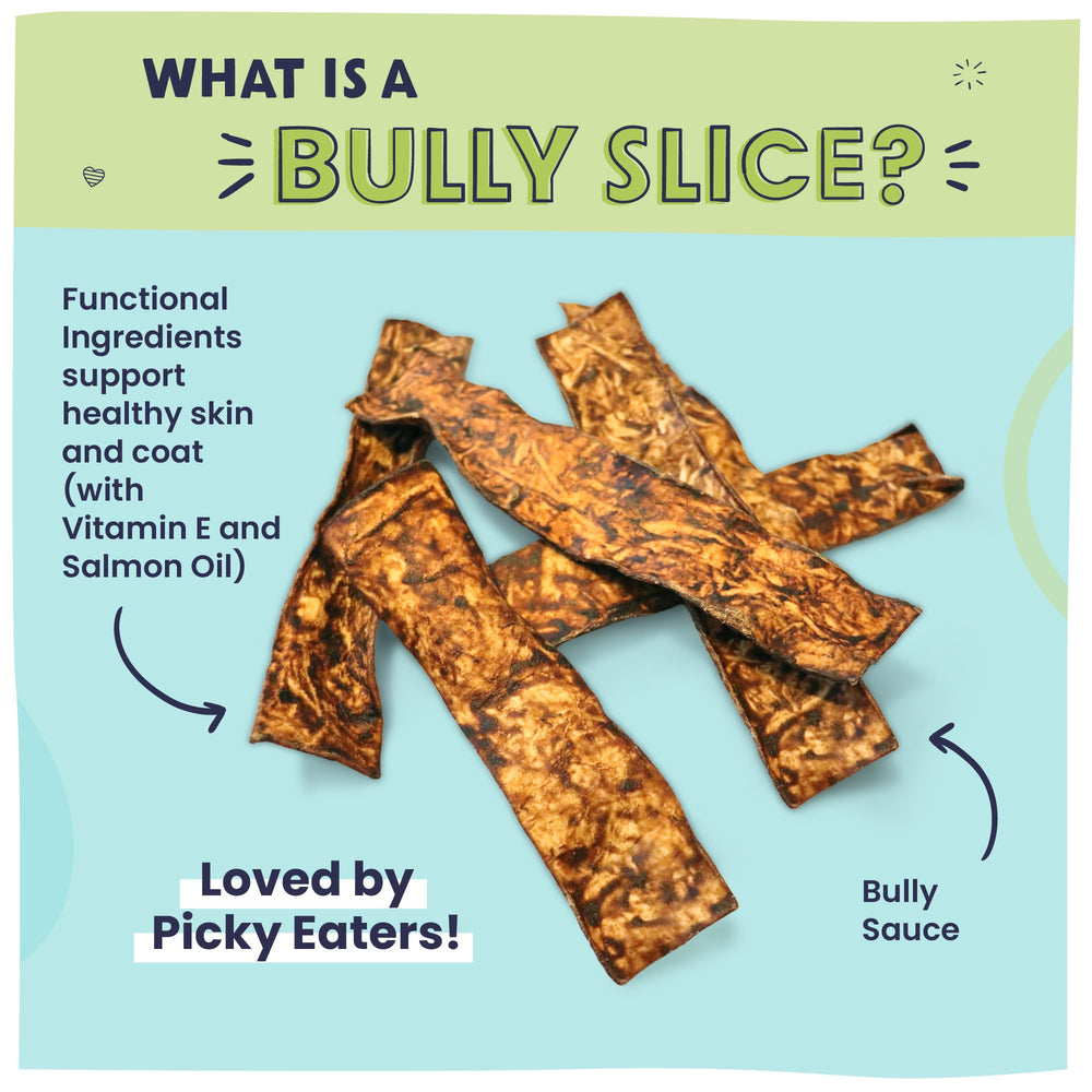 Pawstruck Bully Slices sabor carne opción baja en grasa para snacks.