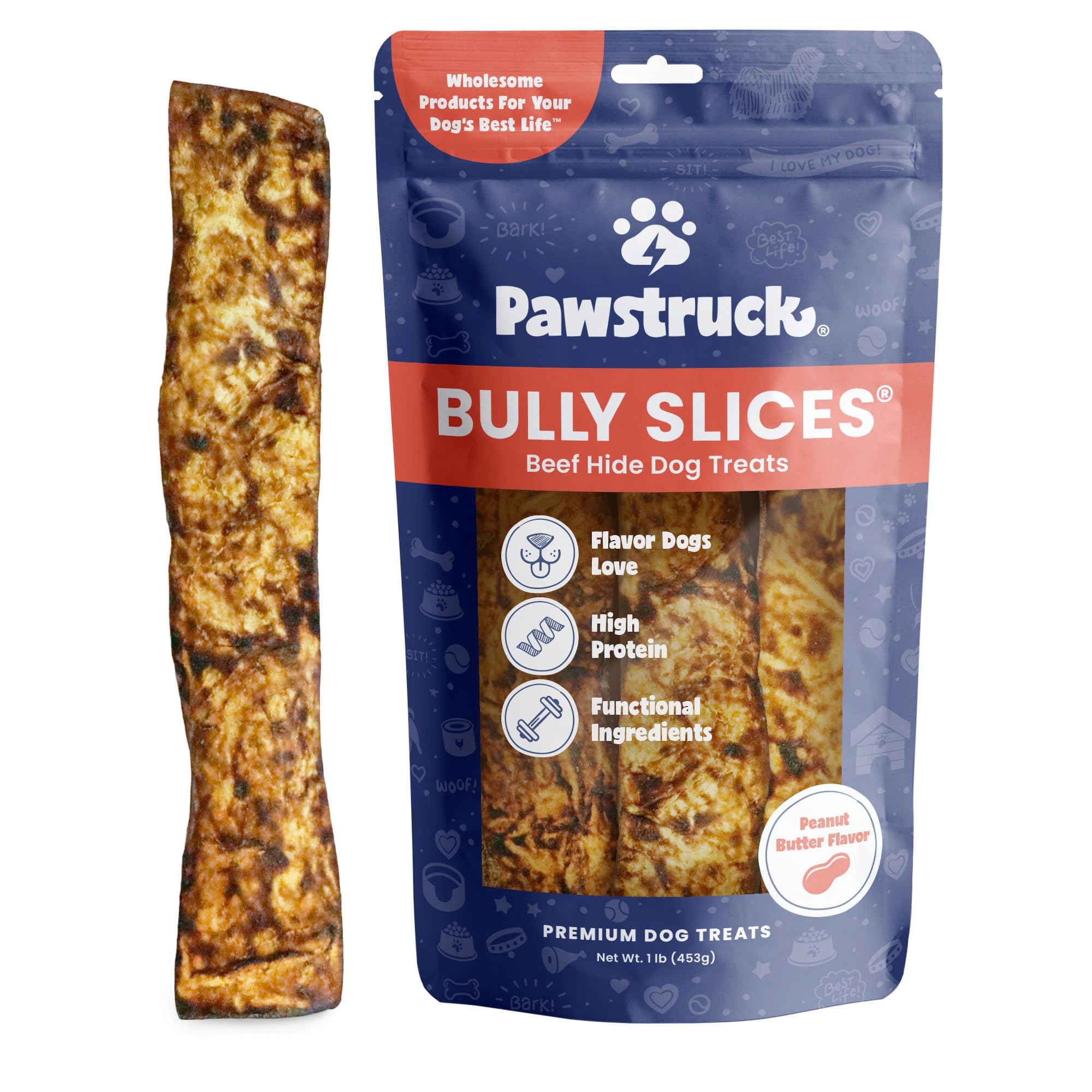 Pawstruck Bully Slices: rebanadas de piel de res para masticar prolongadamente y sabor cacahuete.