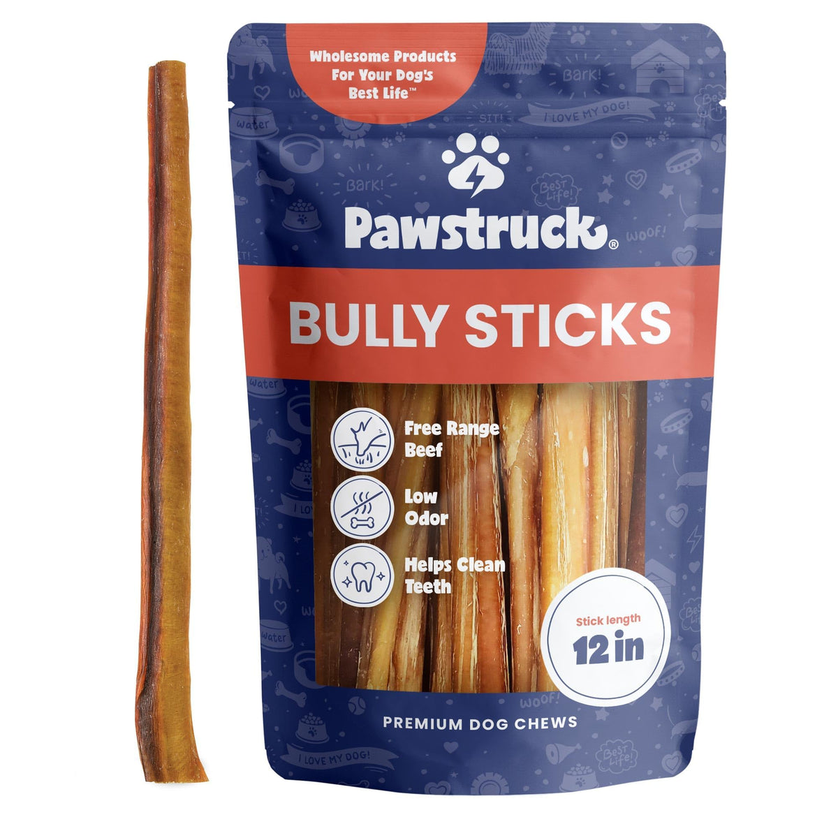 Pawstruck Bully Sticks de 12 pulgadas para masticar prolongadamente.