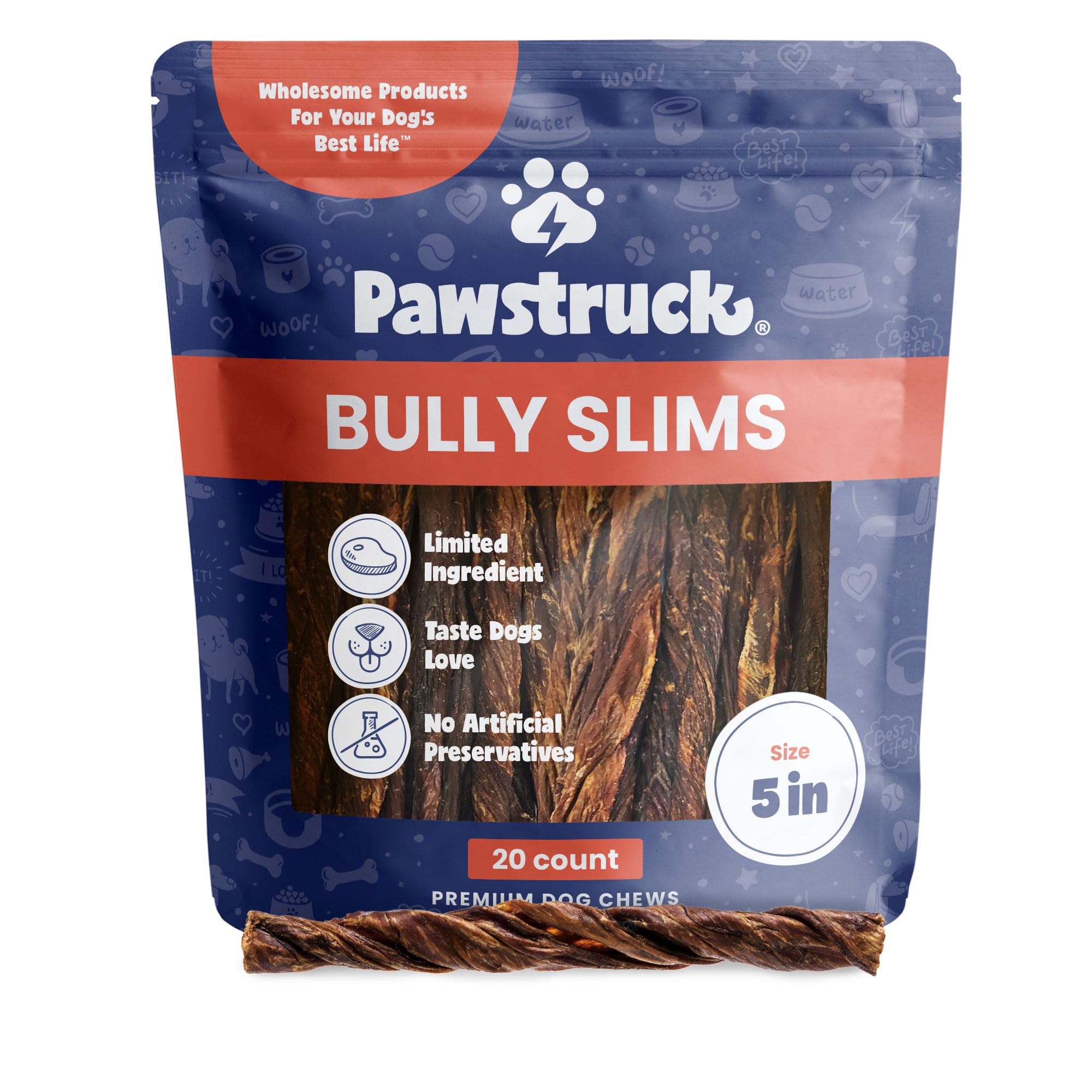 Pawstruck bully sticks de 5 pulgadas en empaque, opción práctica para guardarlo