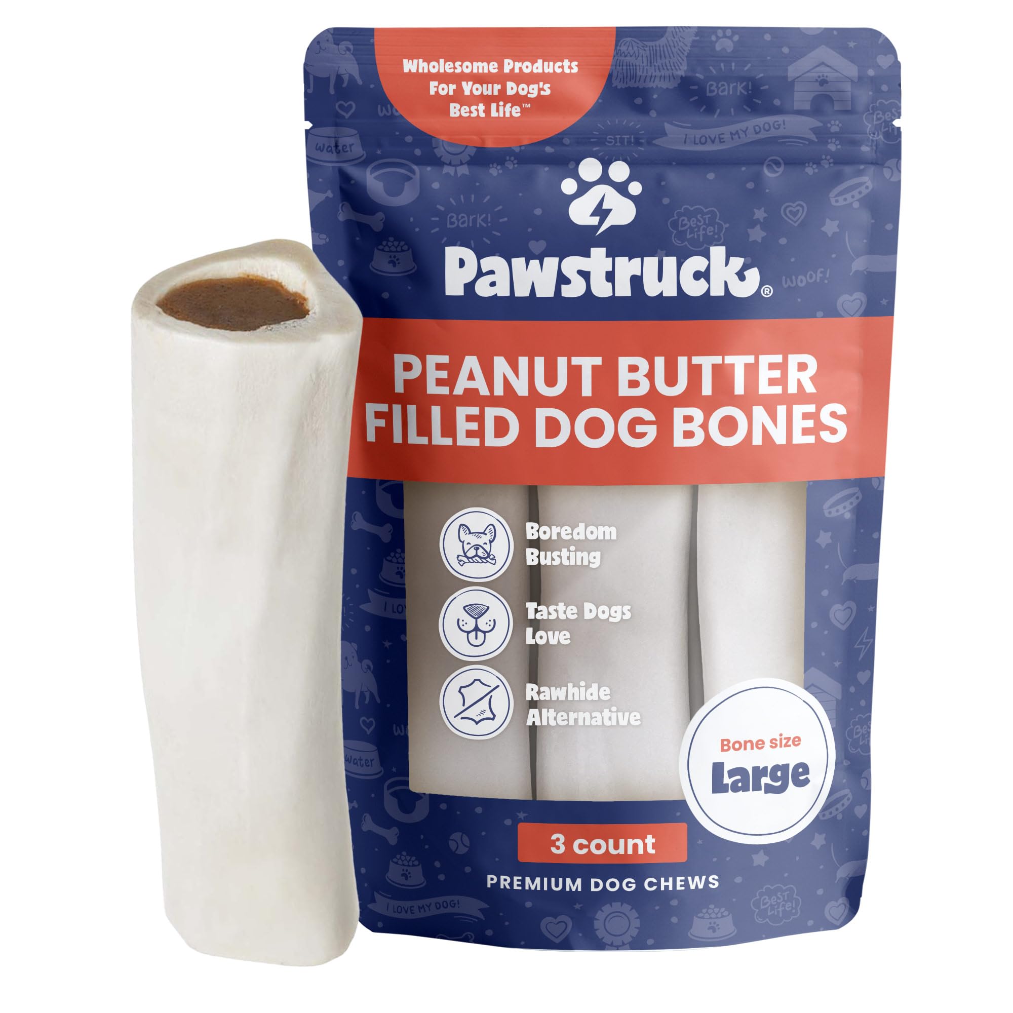 Pawstruck hueso grande relleno de cacahuate de 5-6 pulgadas para perros
