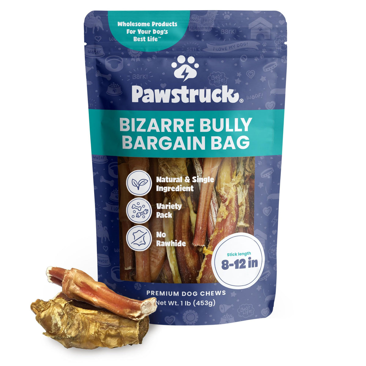 Pawstruck Palitos Bizarros de Res: vista frontal de palitos para masticación duradera.