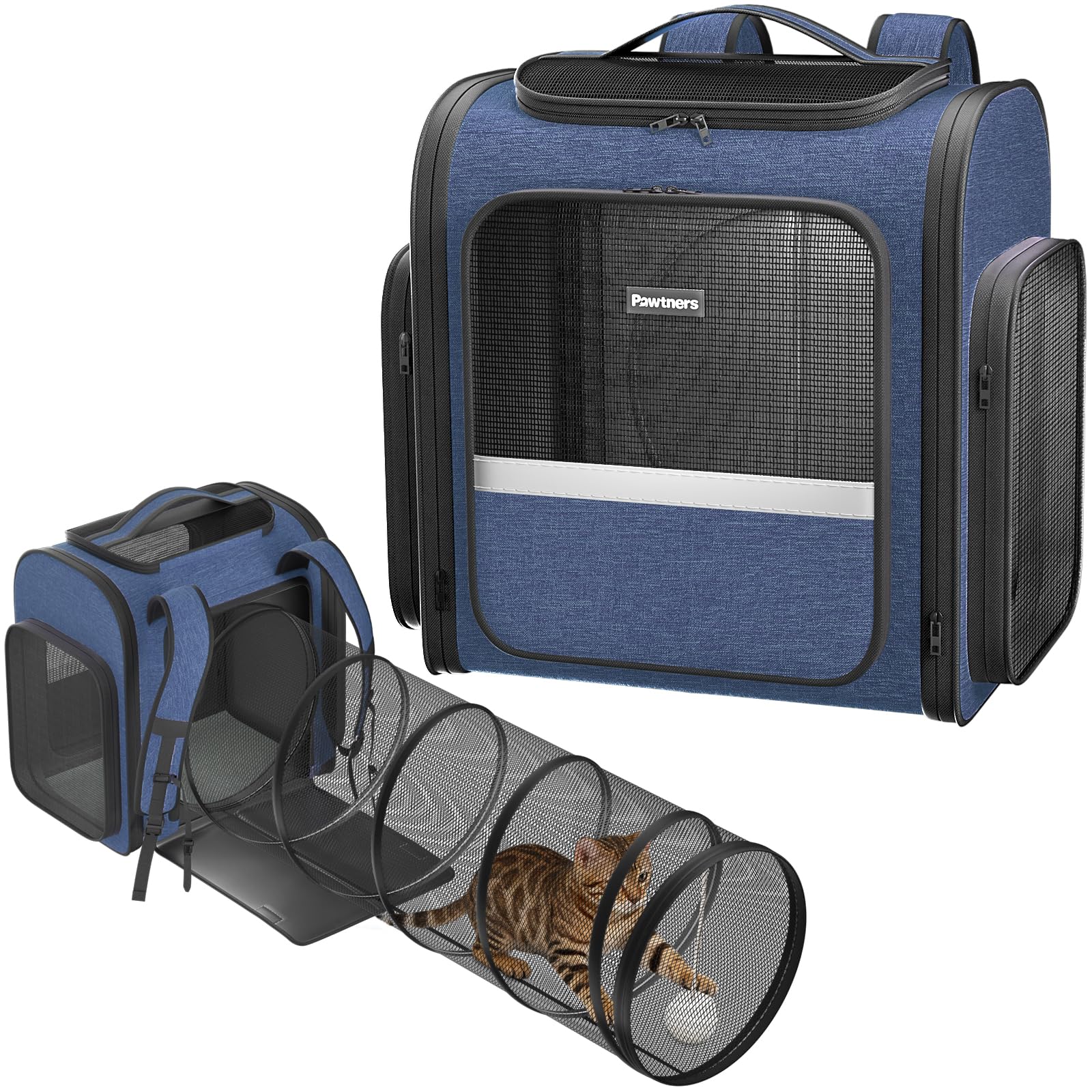 Pawtners transportín para gato con tunel desplegable, ofrece espacio para jugar y descansar.