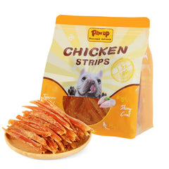 PAWUP tiras de pollo jerky, paquete visible, snack natural para premiar.