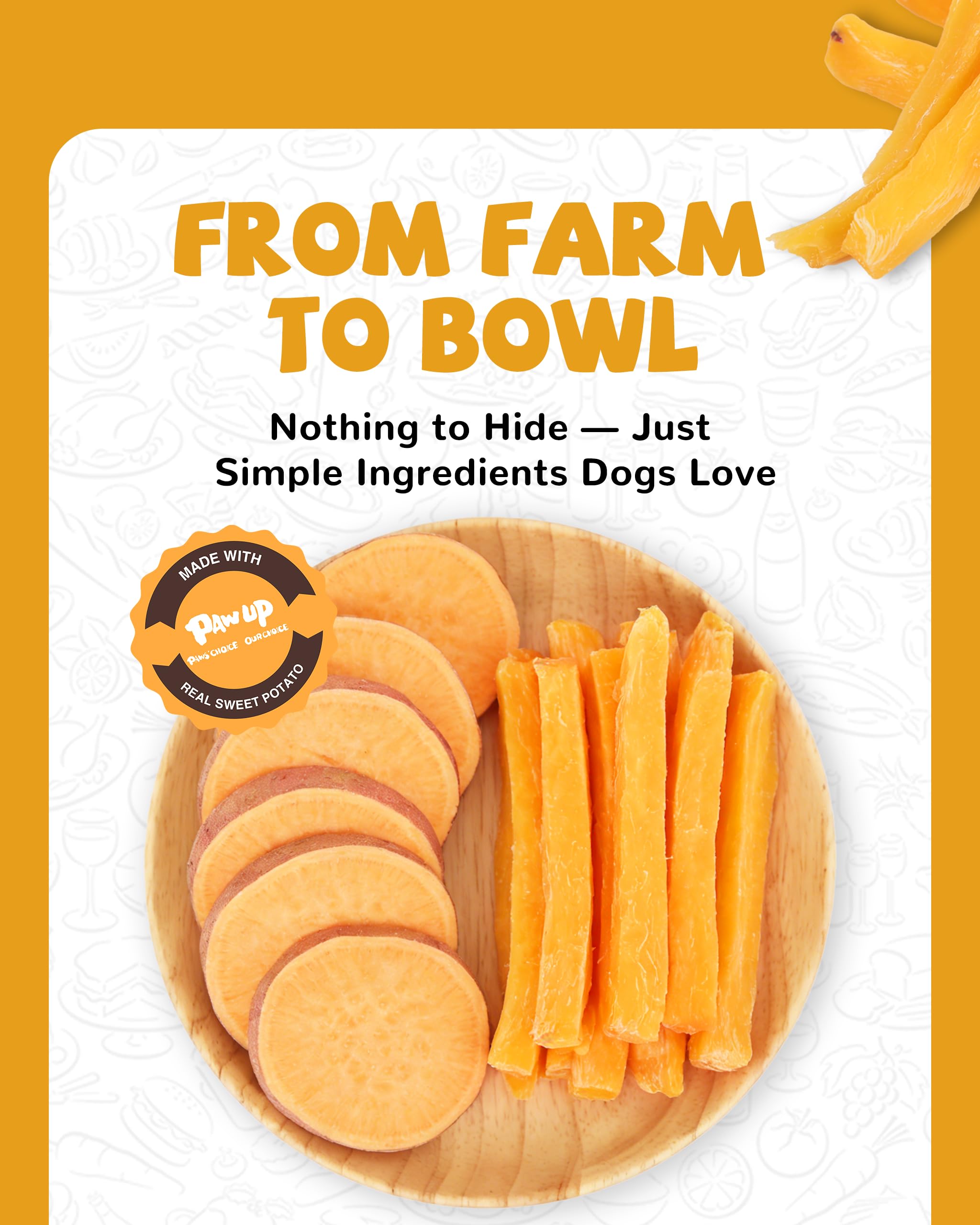 PAWUP-chien-mange-bandes-patates-douces: démonstration de mastication savoureuse pour petit et moyen chien